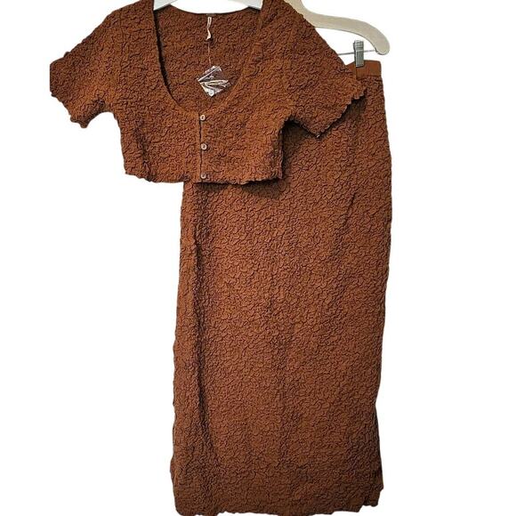 New Free People Double The Fun Button Cardi Midi Skirt Set $128 Medium Sienna - Picture 3 of 5
